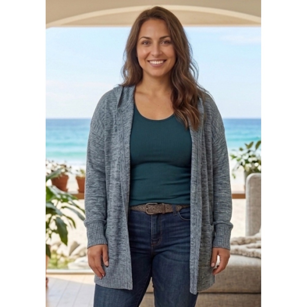 Lululemon Open Front Hooded Cardigan Blue Heathered Knit Thumbholes Womens